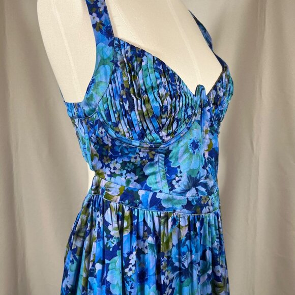 FOR LOVE & LEMONS Astor Midi Dress Blue Floral Sz L Pleated Bust Lace Up Back - Picture 4 of 16